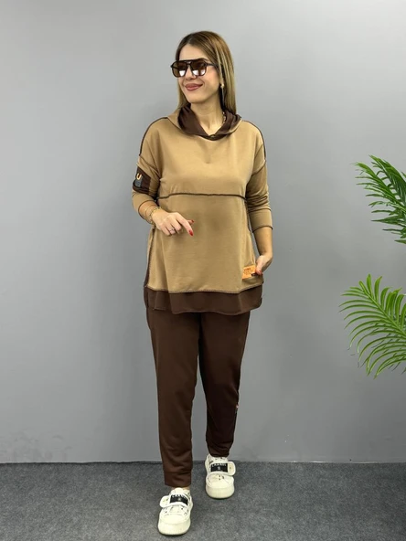 Kadın Kahve Kapşonlu Etek Ucu Detay Arma Ters Dikiş Gorunumlu Ikili Takım - Resim 7