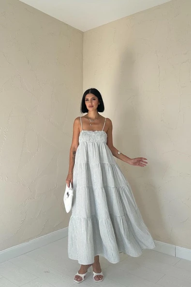 Mavi Askılı Parçalı Çizgili Müslin Elbise ürün görseli 1