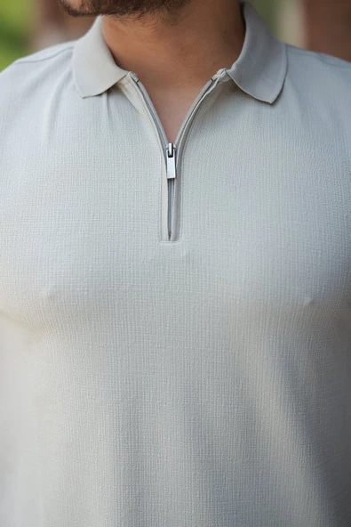 Erkek Fermuarlı Yaka Kısa Kollu Tişört - Resim 3