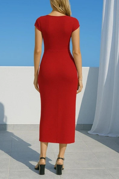 Kadın Sandy Kumaş Metal Toka Detaylı Midi Boy Elbise - Resim 2