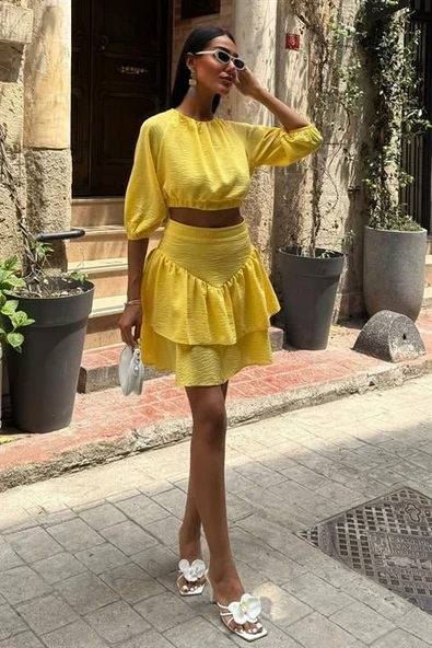 Crop Bluz Ve Kat Kat Etekli Takım 10207 - Resim 3