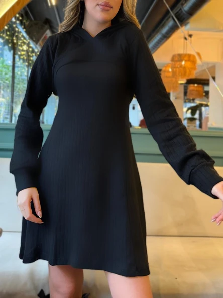 Kadın Uzun Kollu Kapüşonlu Ceket üst Ve Askısız Kare Yaka A Kesim şardonlu Kaşkorse Elbise - Resim 2