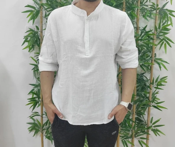 Erkek Uzun Kollu Hakim Yaka Düğmeli Erkek Müslim Gömlek - Resim 4