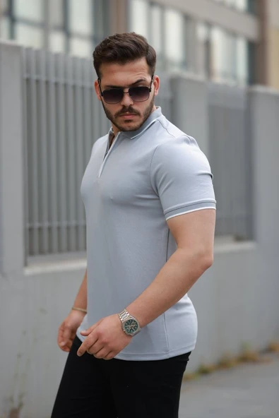 Erkek Fermuar Yakalı çizgi Detaylı Kısa Kollu Tişört - Resim 2