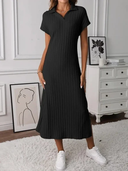 Kadın Kısa Kollu Yakalı Yandan Yırtmaçlı Kalın Fitilli Kaşkorse Elbise - Resim 2