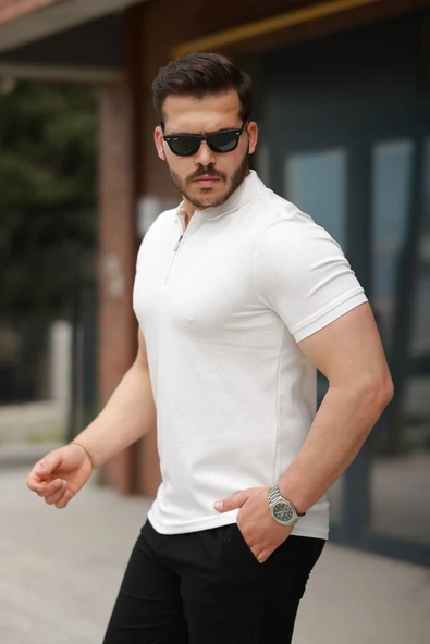 Erkek Fermuarlı Yaka Kısa Kollu Tişört - Resim 2