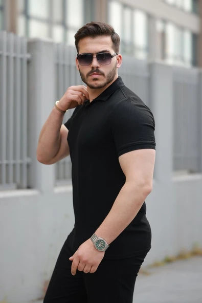 Erkek Yakalı Waffle Dokulu Kısa Kollu Tişört - Resim 2