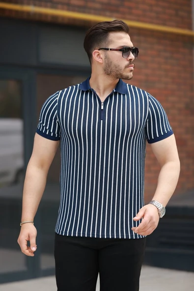 Erkek çizgili Fermuar Yakalı Kısa Kollu Tişört ürün görseli 1