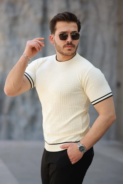 Erkek Jakarlı Ribanalı Kısa Kollu T-shirt - Resim 2