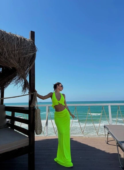 Kadın Mayo Kumaş Bağlamalı Crop Ve Maxi Boy Etek Ikili Takım ürün görseli