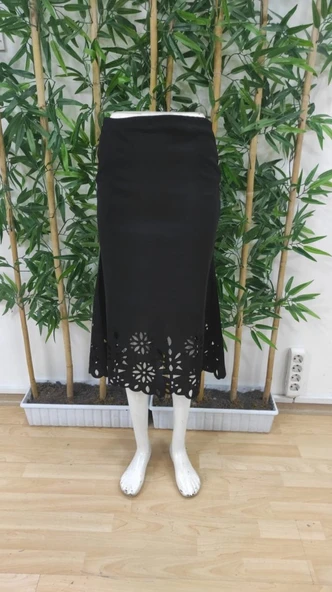 Kadın Yüksek Bel Lazer Kesim Detaylı Midi Ithal Krep Etek - Resim 5