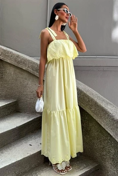 Etek Ucu Brode Nakışlı Boyundan Bağlamalı Elbise 2881 - Resim 3