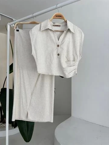 Bluzu Büzgülü Ve Eteği Tokalı Keten Takım 10204 - Resim 11