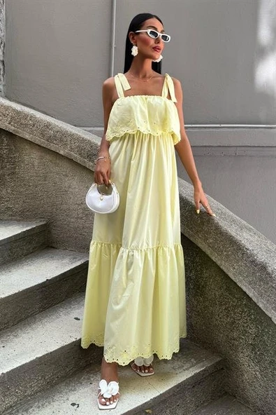 Etek Ucu Brode Nakışlı Boyundan Bağlamalı Elbise 2881 - Resim 2