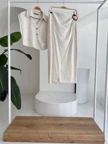 Bluzu Büzgülü Ve Eteği Tokalı Keten Takım 10204 - Resim 10