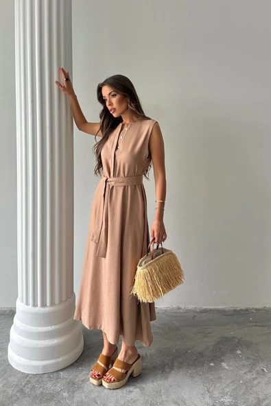 KETEN ELBİSE KOLSUZ BEL BAĞLAMALI MAXİ ELBİSE - Kahverengi ürün görseli