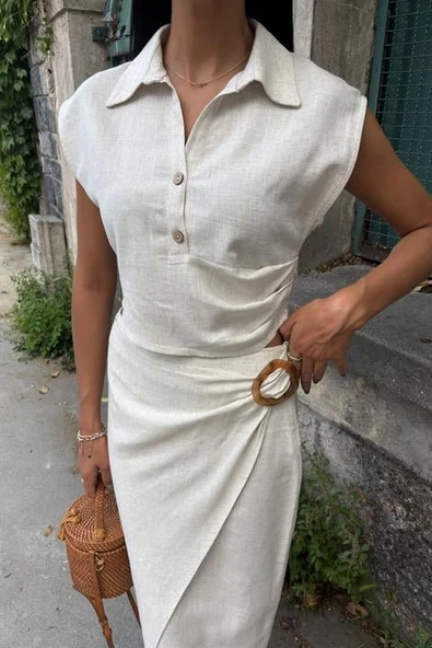 Bluzu Büzgülü Ve Eteği Tokalı Keten Takım 10204 - Resim 8