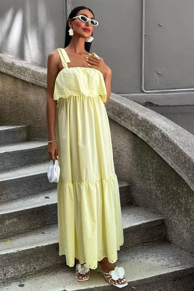 Etek Ucu Brode Nakışlı Boyundan Bağlamalı Elbise 2881 - Resim 4