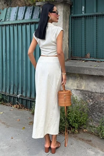 Bluzu Büzgülü Ve Eteği Tokalı Keten Takım 10204 - Resim 4