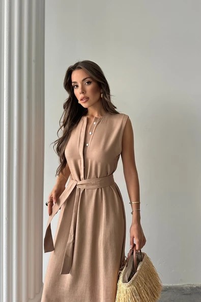 KETEN ELBİSE KOLSUZ BEL BAĞLAMALI MAXİ ELBİSE - Kahverengi - Resim 2