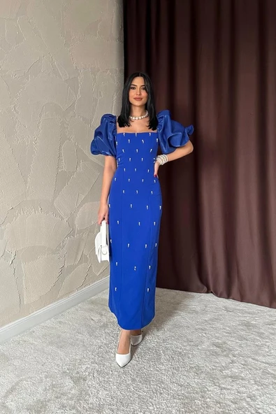 Saks İşlemeli Kolu Garnili Elbise - Resim 2