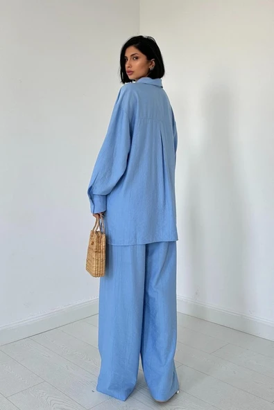 Mavi Alice Gömlek Ve Bol Kesim Pantolon Takım - Resim 4