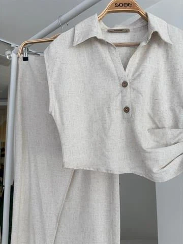 Bluzu Büzgülü Ve Eteği Tokalı Keten Takım 10204 - Resim 12