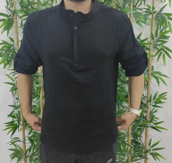 Erkek Uzun Kollu Hakim Yaka Düğmeli Erkek Müslim Gömlek - Resim 4