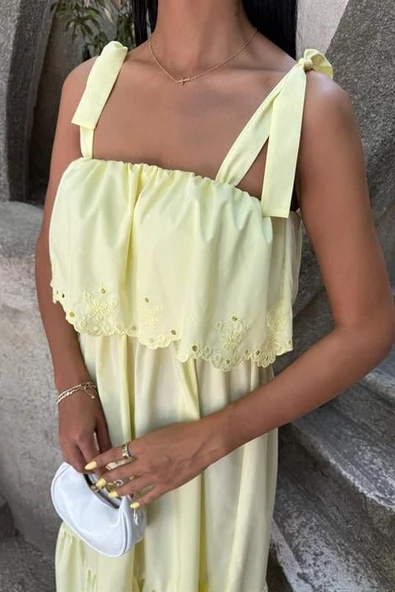 Etek Ucu Brode Nakışlı Boyundan Bağlamalı Elbise 2881 - Resim 5