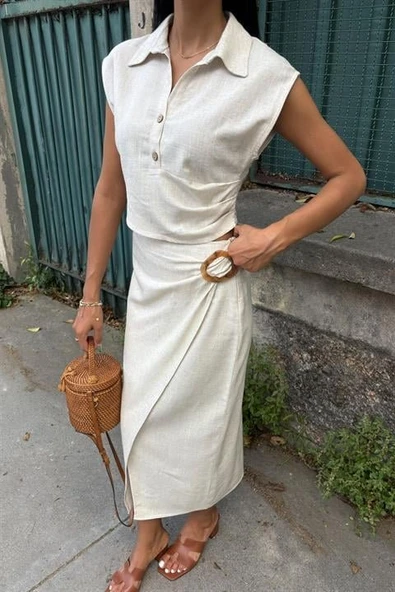 Bluzu Büzgülü Ve Eteği Tokalı Keten Takım 10204 - Resim 3