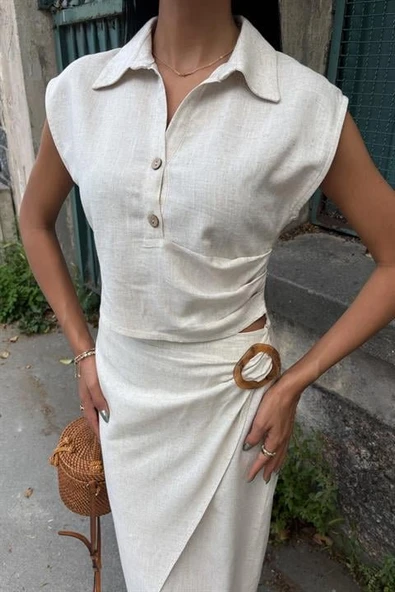 Bluzu Büzgülü Ve Eteği Tokalı Keten Takım 10204 - Resim 9