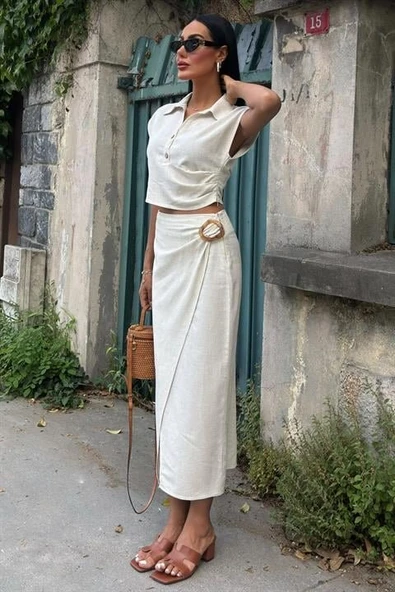 Bluzu Büzgülü Ve Eteği Tokalı Keten Takım 10204 - Resim 7