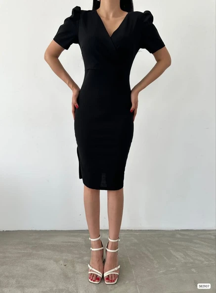 Kadın Kruvaze Yaka Yandan Yırtmaç Detaylı Scuba Krep Kumaş Midi Boy Elbise - Resim 3