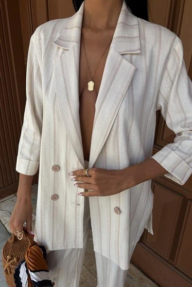 Blazer Ceketli Çizgili Keten Takım 10186 - Resim 8