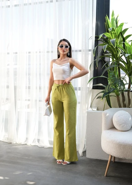 Beli̇ Lasti̇kli̇ Ve Bağcikli Keten Pantolon ürün görseli 1