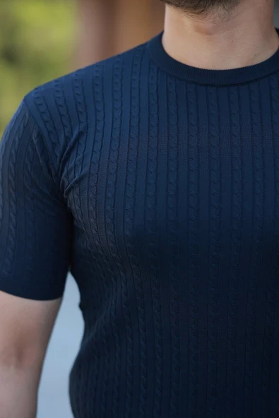 Erkek Bisiklet Yaka örgü Desenli Kısa örme Triko Kısa Kollu T-shirt - Resim 3