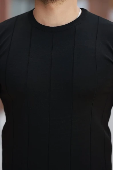 Erkek Ince çizgi Dokulu Bisiklet Yaka Kısa Kollu T-shirt - Resim 3