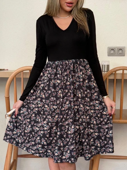 Kadın Uzun Kollu V Yakalı üst Viskon Alt çiçek Desenli Süprem Kısa Elbise ürün görseli 1