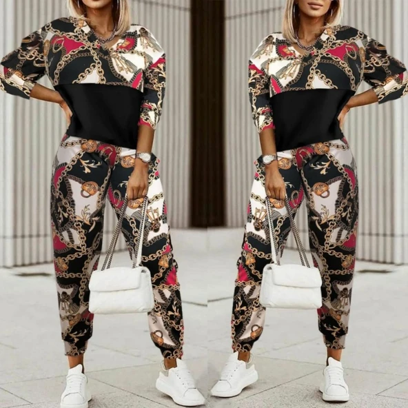 Kadın Uzun Kollu V Yaka Göğüs Altı Kadife Detay Mikro Ikili Takım - Resim 3