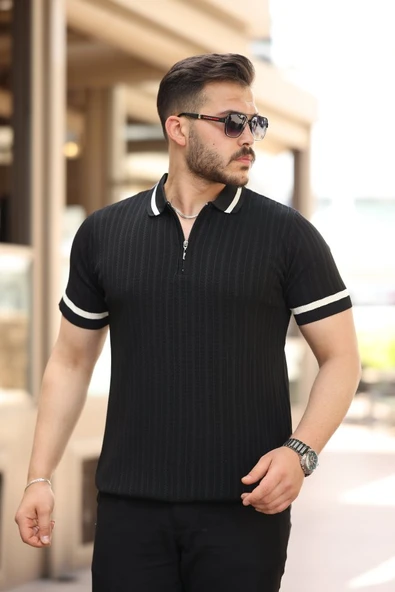 Erkek Yaka Ve Kolları çizgi Detaylı Fermuarlı Kısa Kollu T-shirt ürün görseli 1