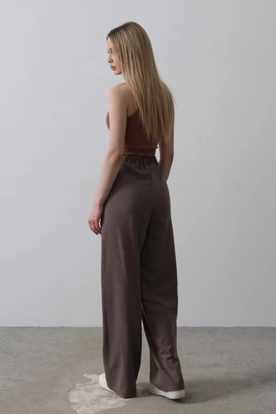 Beli Yarım Lastikli Palazzo Pantolon - Kahve - Resim 3