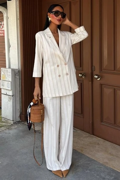 Blazer Ceketli Çizgili Keten Takım 10186 ürün görseli 1