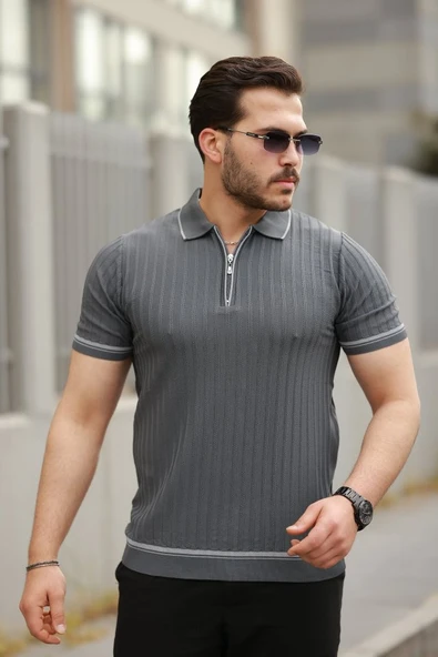 Erkek Fermuarlı Yakalı Kısa Kollu T-shirt ürün görseli 1