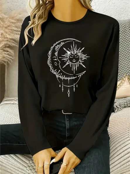 Kadın Uzun Kollu Bisiklet Yaka Ay Baskılı Viskon Bluz ürün görseli 1