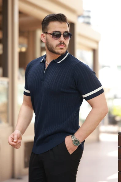 Erkek Yaka Ve Kolları çizgi Detaylı Fermuarlı Kısa Kollu T-shirt - Resim 2