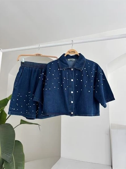 Taş Detaylı Gömlek Şort Denim Takım 10175 - Resim 9