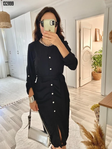 Kadın Uzun Kollu önden Düğmeli Beli Kuşaklı Aerobin Midi Elbise ürün görseli 1