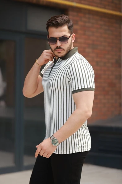 Erkek çizgili Fermuar Yakalı Kısa Kollu Tişört - Resim 2