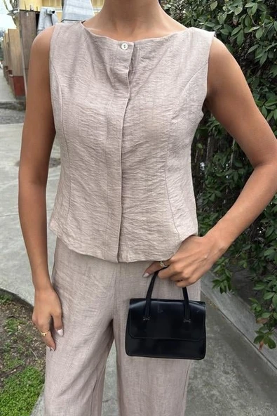 Sıfır Kollu Bluz Batik Desenli Pantolon İkili Takım 10181-08 - Resim 7