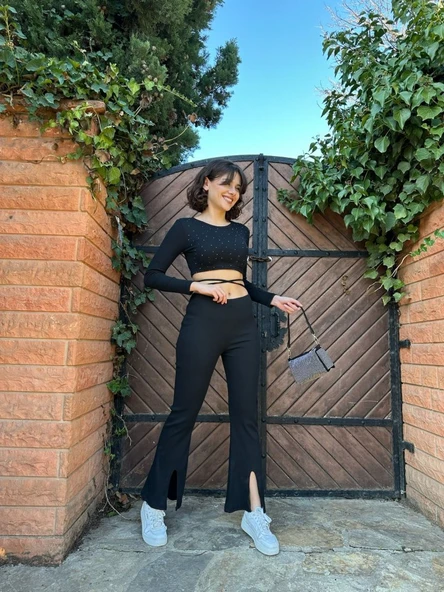 Kadın Paçası Yırtmaç Detaylı Taşlı Bel Bağlamalı Kaşkorse İkili Takım - Resim 9